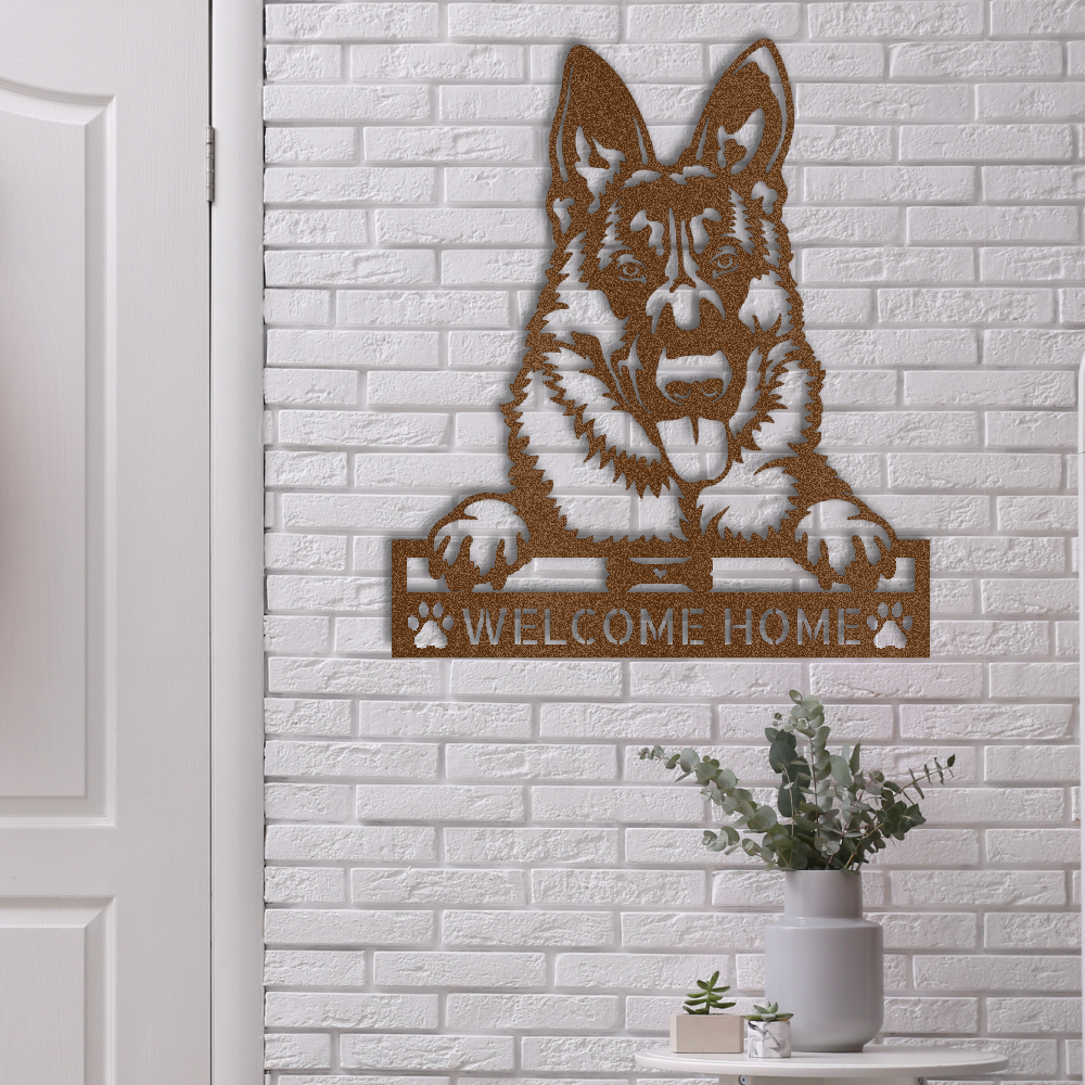 Personalized custom steel sign with German Shepherd design. Add your own text to this Made in USA dog wall art. Free shipping included. Mockup shown in copper.