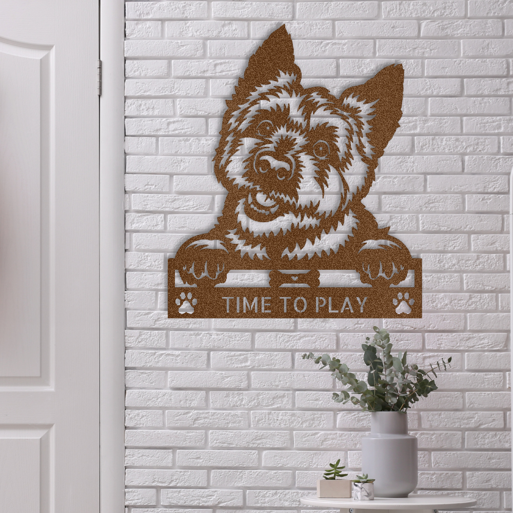 Personalized custom steel sign featuring a Yorkie dog design. Add your pet’s name to this Made in USA metal wall art. Free shipping included - in brown.