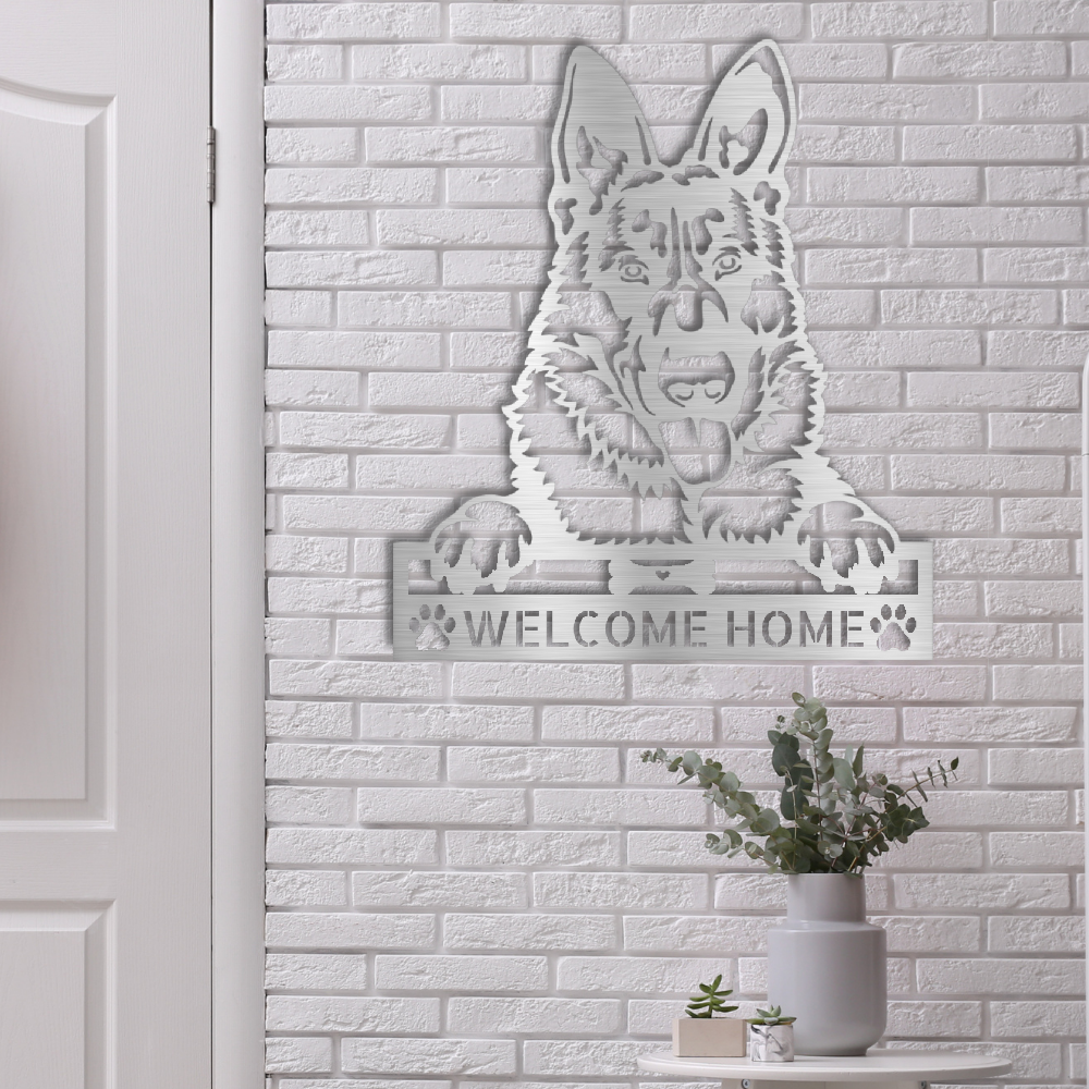 Personalized custom steel sign with German Shepherd design. Add your own text to this Made in USA dog wall art. Free shipping included. Mockup shown in silver.