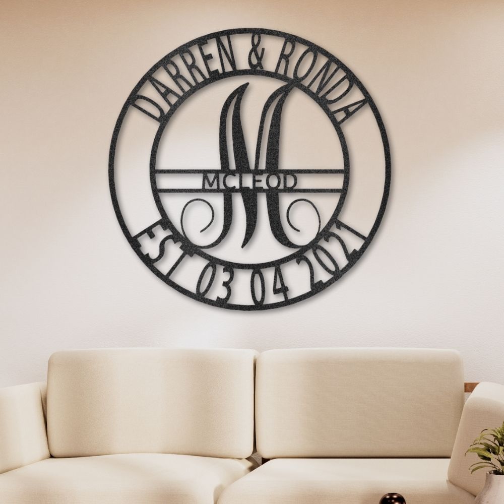 Custom steel sign with family name and monogram letter, showing first names and date of anniversary.