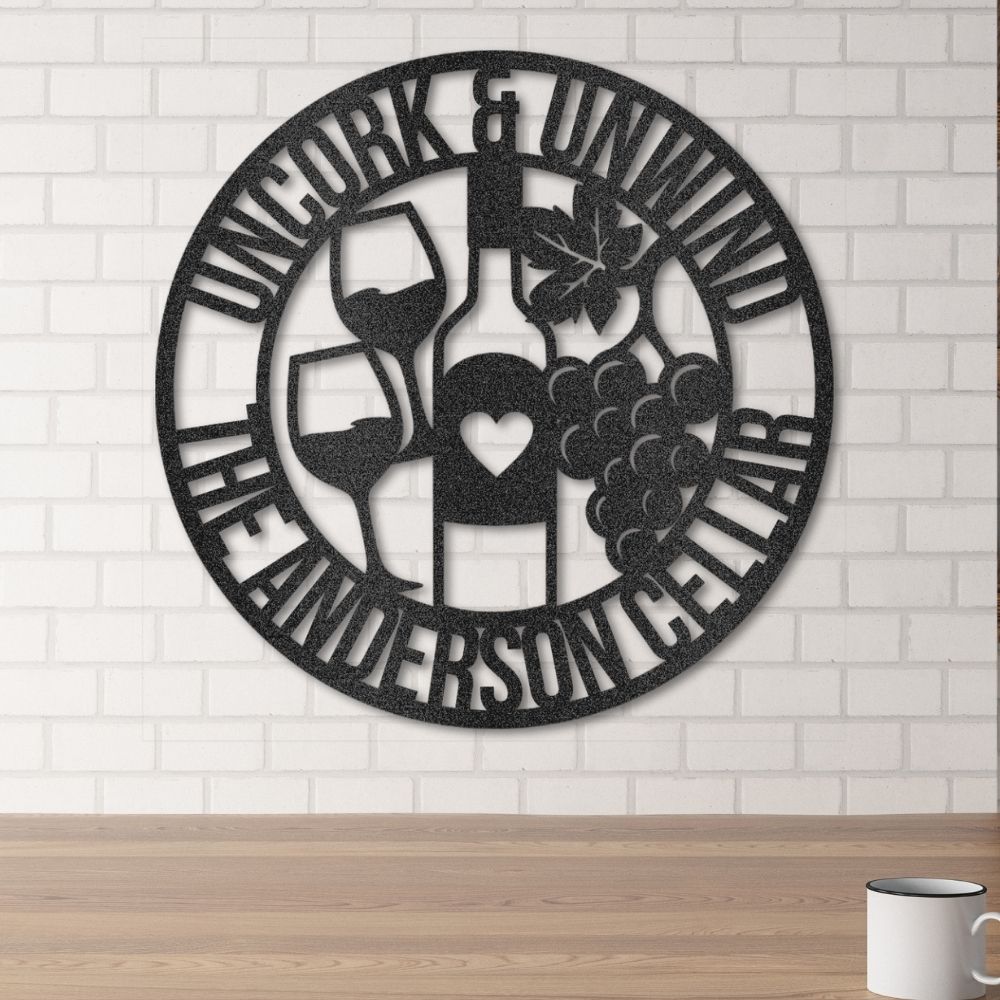 Custom steel signs personalized to enhance the living space with designs such as this wine decor with your favorite phrase, family name or dates.
