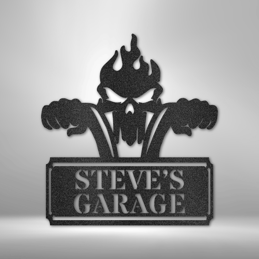 Custom garage steel sign with flaming skull and handlebars, personalized biker or shop wall art, made in USA