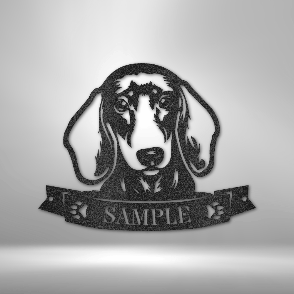 Custom steel dog sign with floppy-eared hound silhouette and personalized name banner, pet lover decor made in USA