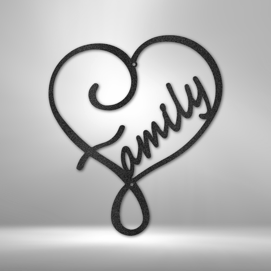 custom steel sign made in usa with family script and heart shaped wall art