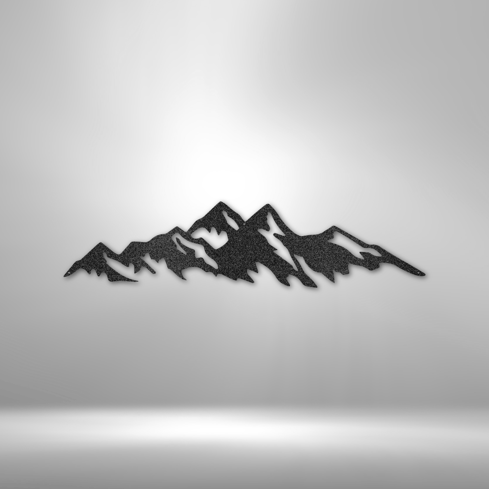 Steel wall art featuring a rugged mountain range silhouette for rustic or cabin decor