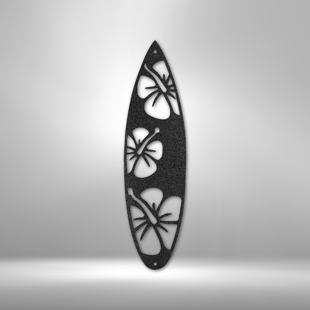 Steel wall art with floral surfboard shape for coastal home or patio decor