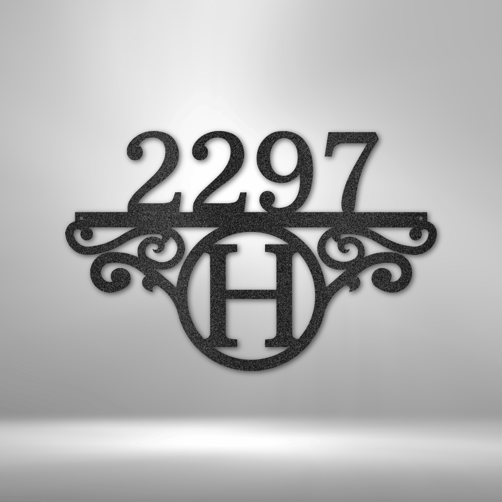 Custom steel house number sign with decorative scroll and initial monogram, made in USA