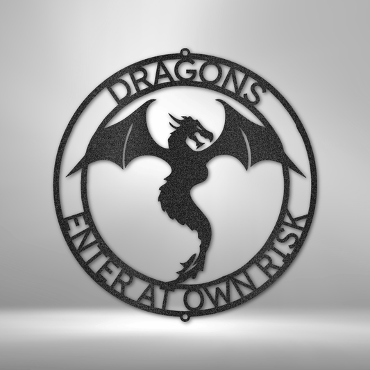 Custom dragon steel sign with circular frame and personalized top and bottom text, fantasy decor made in USA
