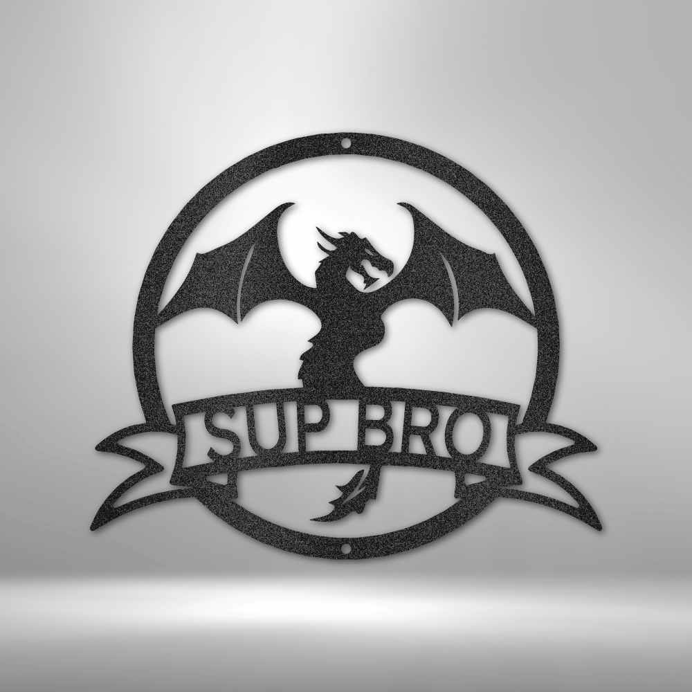 Custom steel sign with dragon silhouette and personalized fantasy banner text