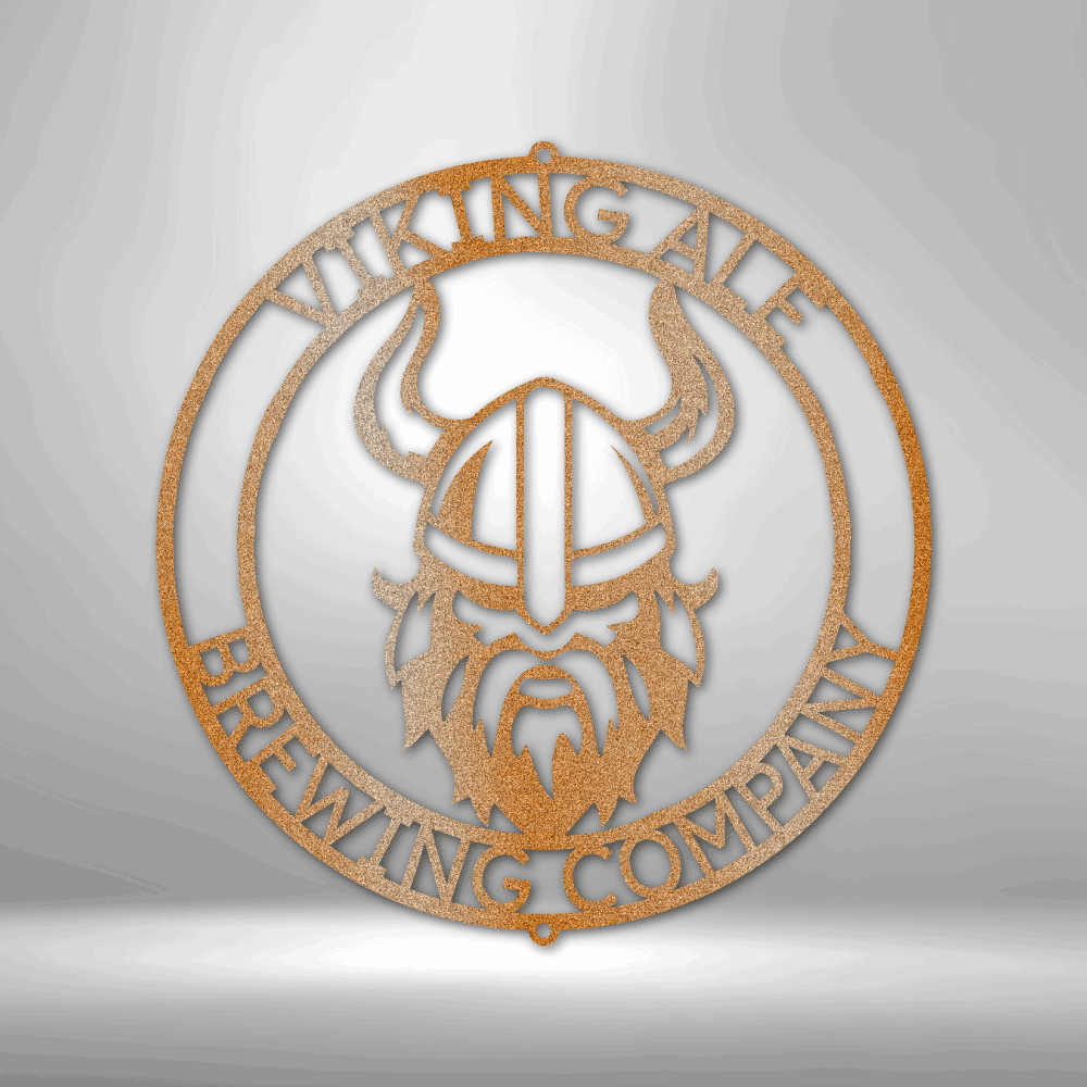 Custom steel Viking wall sign with horned helmet design and personalized Norse-themed text Copper
