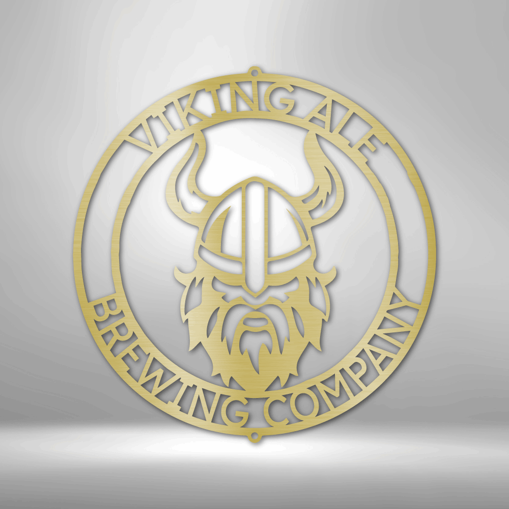 Custom steel Viking wall sign with horned helmet design and personalized Norse-themed text - gold.