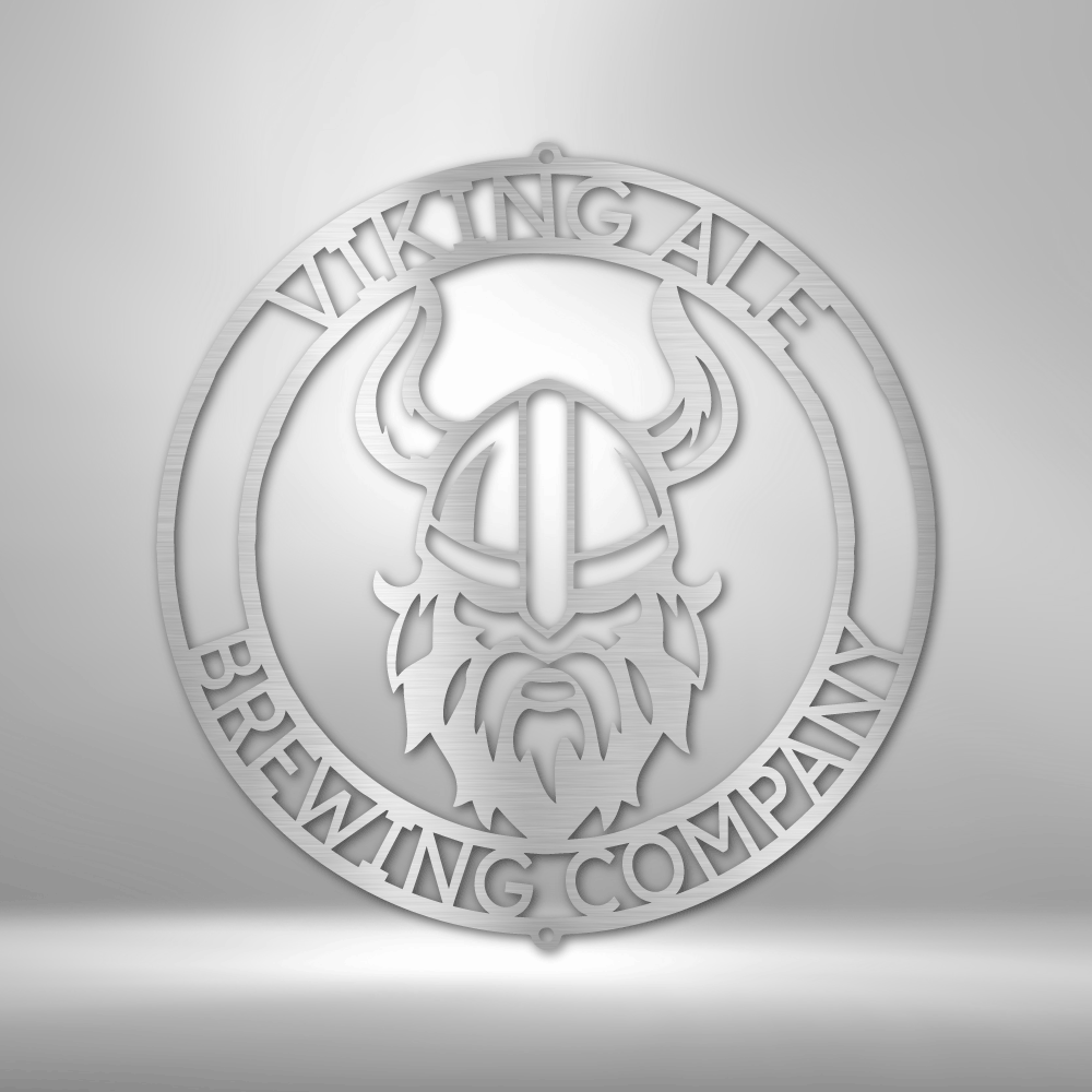 Custom steel Viking wall sign with horned helmet design and personalized Norse-themed text - Silver.