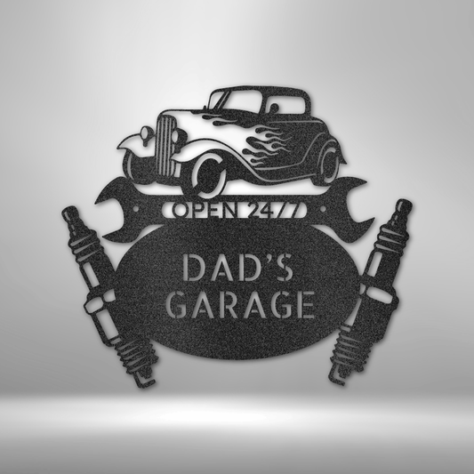 Custom hot rod garage steel sign with crossed tools and personalized text fields, man cave wall art made in USA