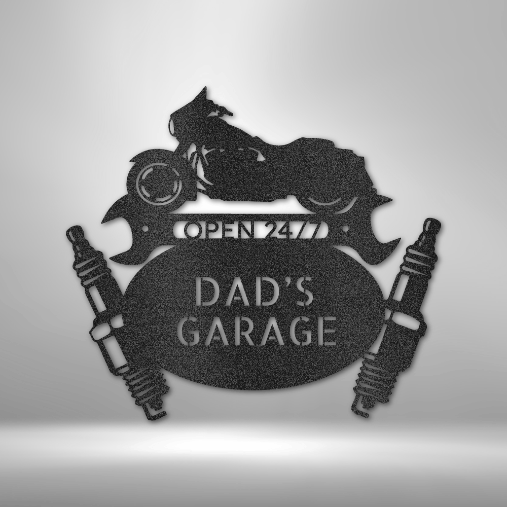 Custom steel motorcycle garage wall art with shocks and fully personalized text panels