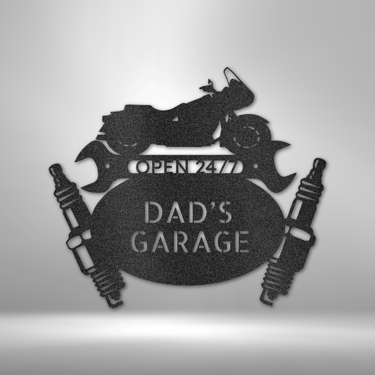 Custom motorcycle garage steel sign with wrench, shocks, and personalized text, made in USA