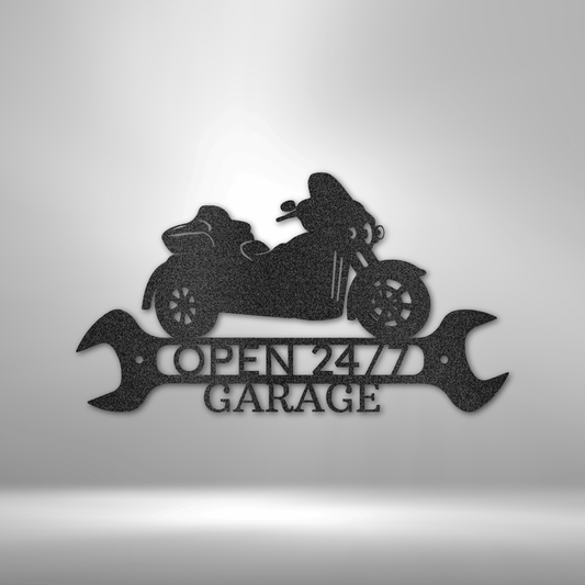 Custom steel trike motorcycle garage sign with personalized wrench banner text