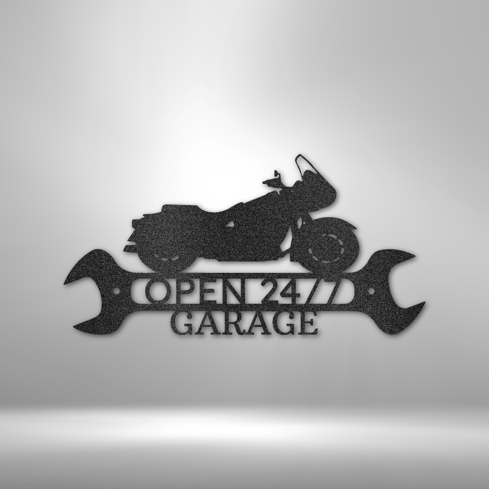 Motorcycle garage metal wall art with Open 24/7 and wrench design, made in USA