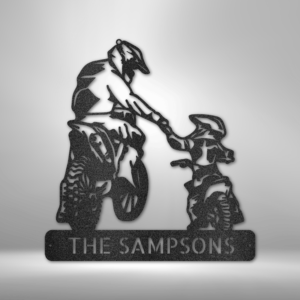 Custom steel motocross sign with parent and kid riders reaching out, personalized family name