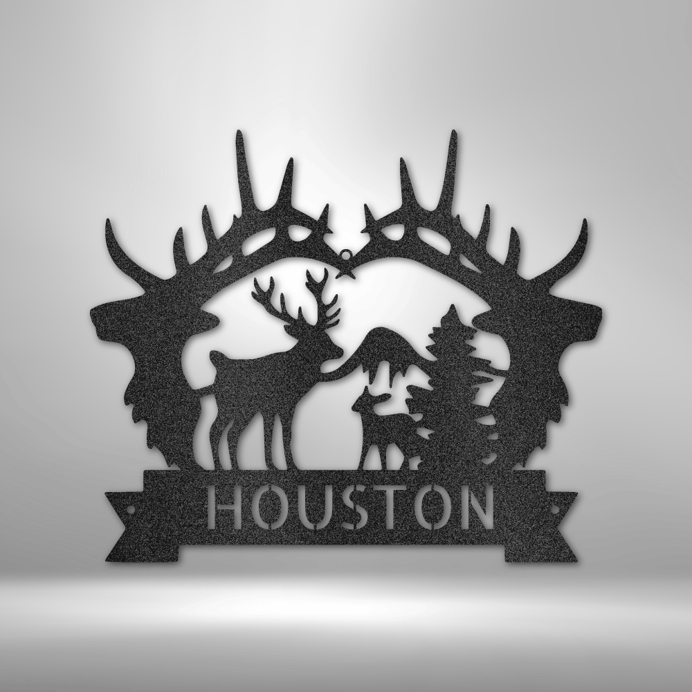 Custom steel antler wall art with forest scene and personalized nameplate for cabin or lodge