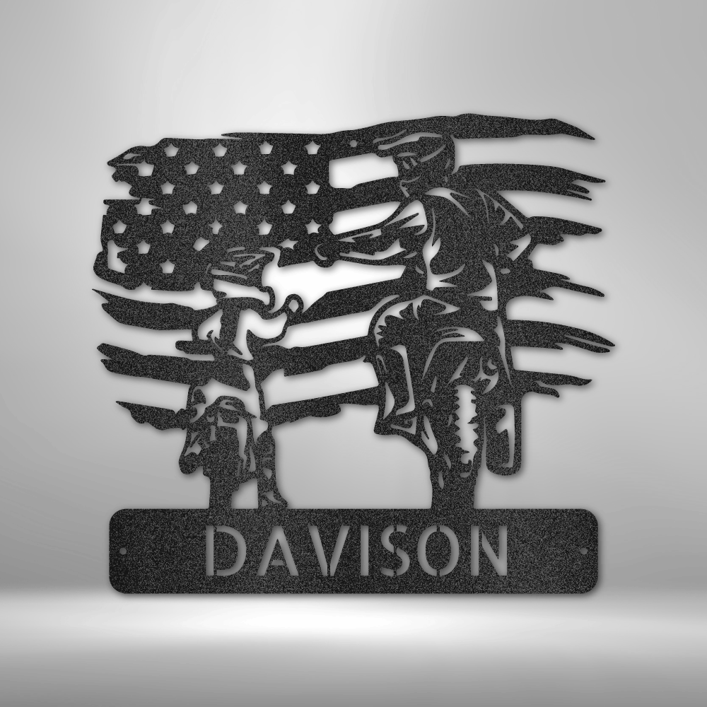 Custom steel sign with parent and kid motocross riders in front of American flag and personalized name