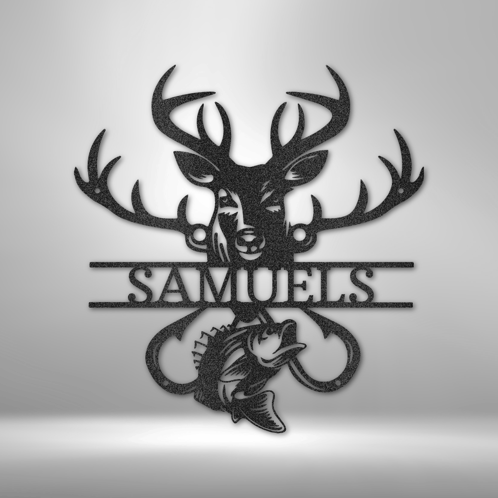 Custom steel sign with deer head, bass fish, and personalized nameplate, hunting and fishing wall decor made in USA