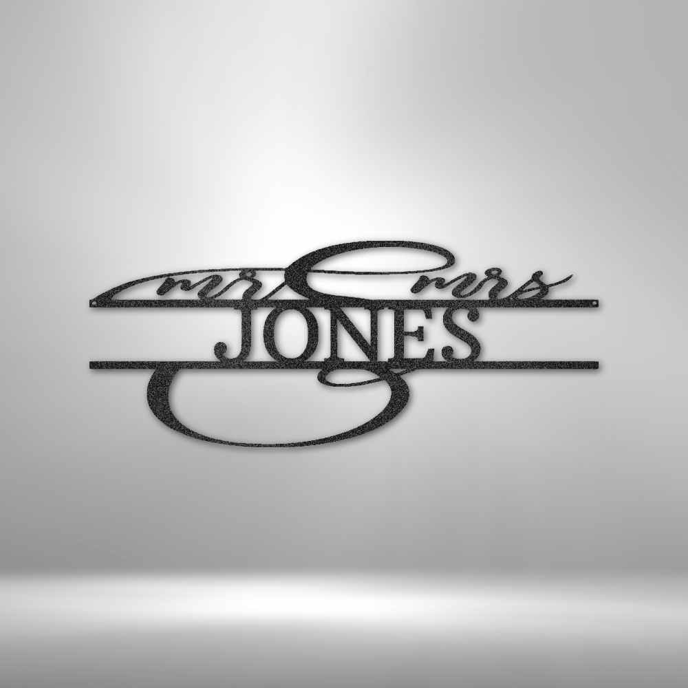 custom steel sign made in usa with script couple names and personalized last name centerpiece