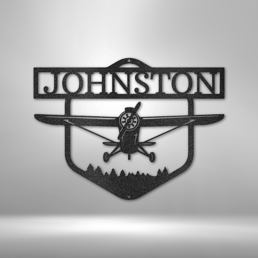 Custom airplane steel sign with personalized pilot name and forest silhouette, made in USA