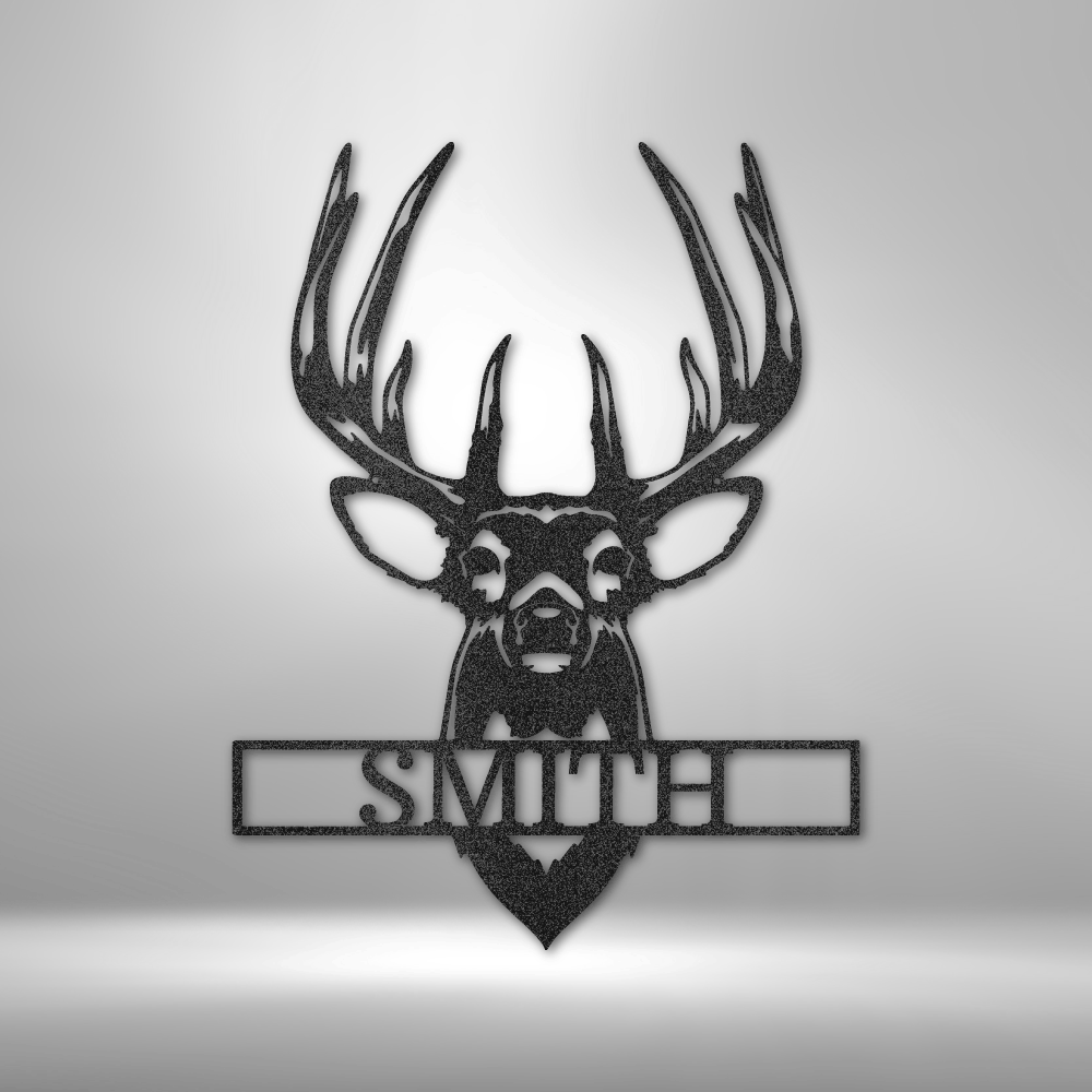 Custom deer head steel sign with antlers and personalized nameplate, hunting wall decor made in USA