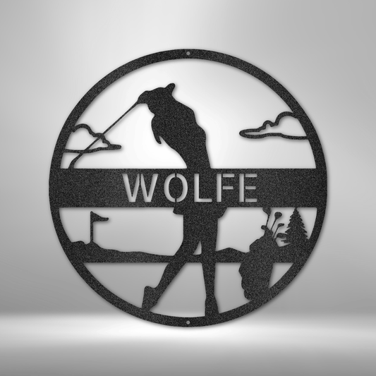 Custom steel wall art with female golf silhouette and personalized name or message