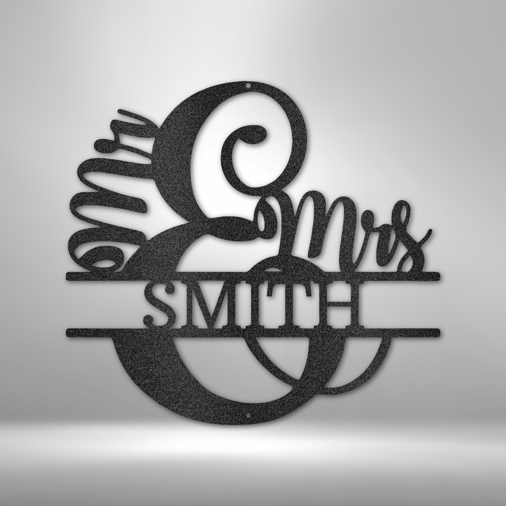 Custom Mr and Mrs steel sign with ampersand and personalized last name, wedding or anniversary wall decor made in USA