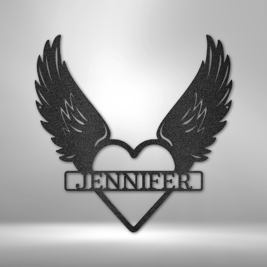 Custom steel sign with heart and wings design and personalized nameplate, memorial or angel decor made in USA