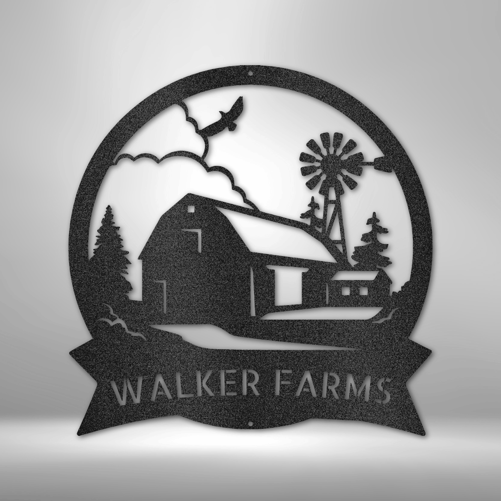Custom steel farm sign with barn, windmill, eagle, and personalized family or farm name