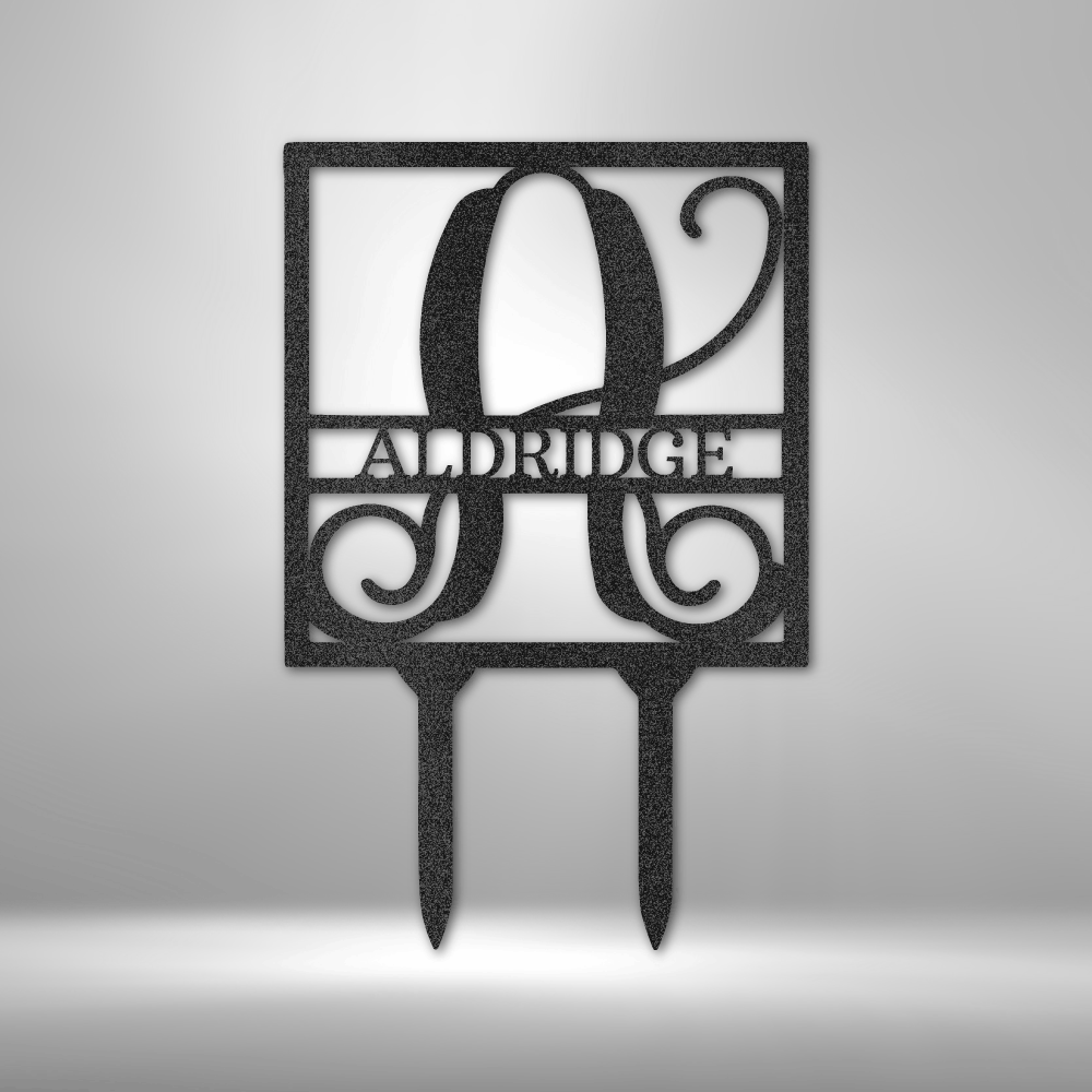 Custom steel yard sign with large monogram letter and personalized name in square frame