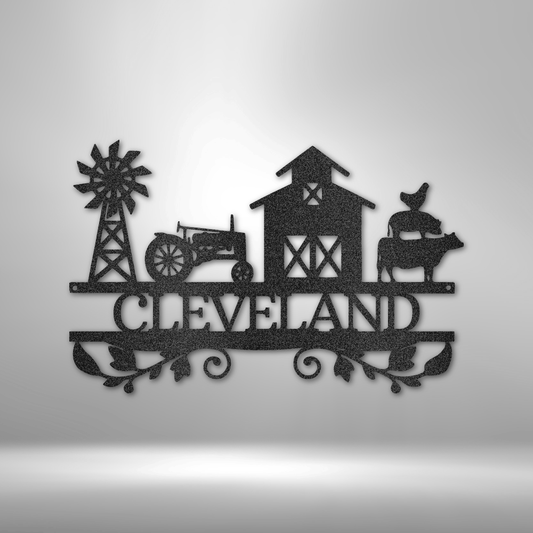 custom steel sign made in usa with windmill barn tractor and personalized farm name text