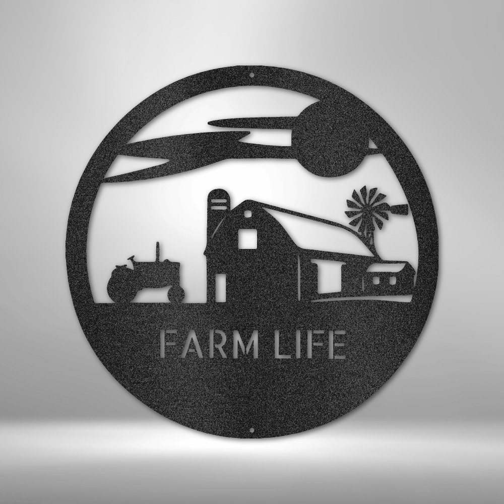 Custom steel farm sign with tractor and barn scene and personalized text option