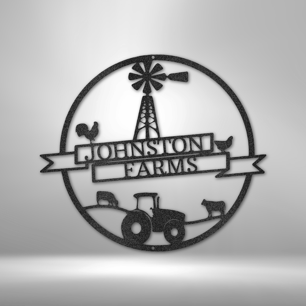 Custom farm steel sign with windmill, tractor, animals, and personalized name banner, rural homestead decor made in USA