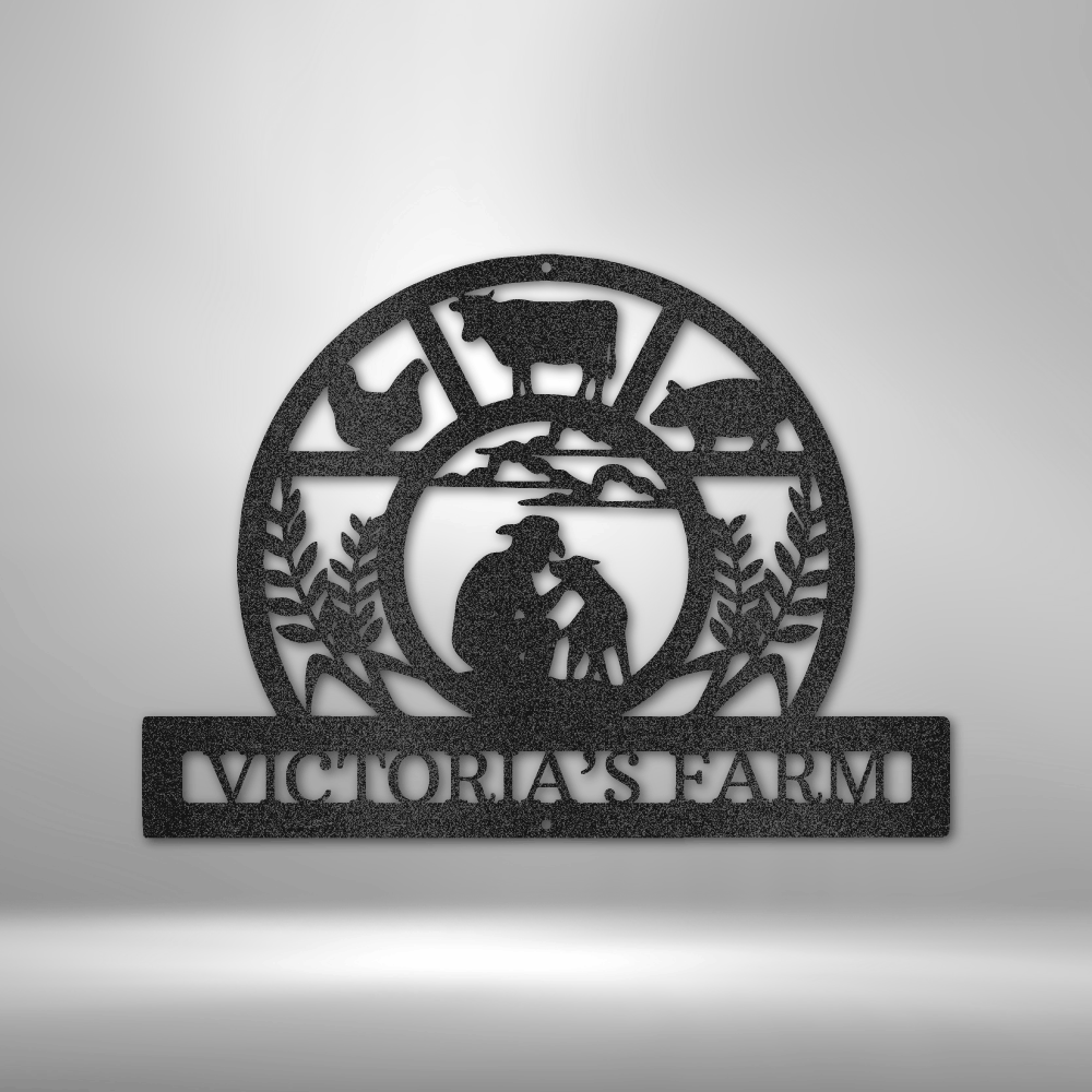 custom steel sign made in usa with farm animals farmer and personalized ranch name text