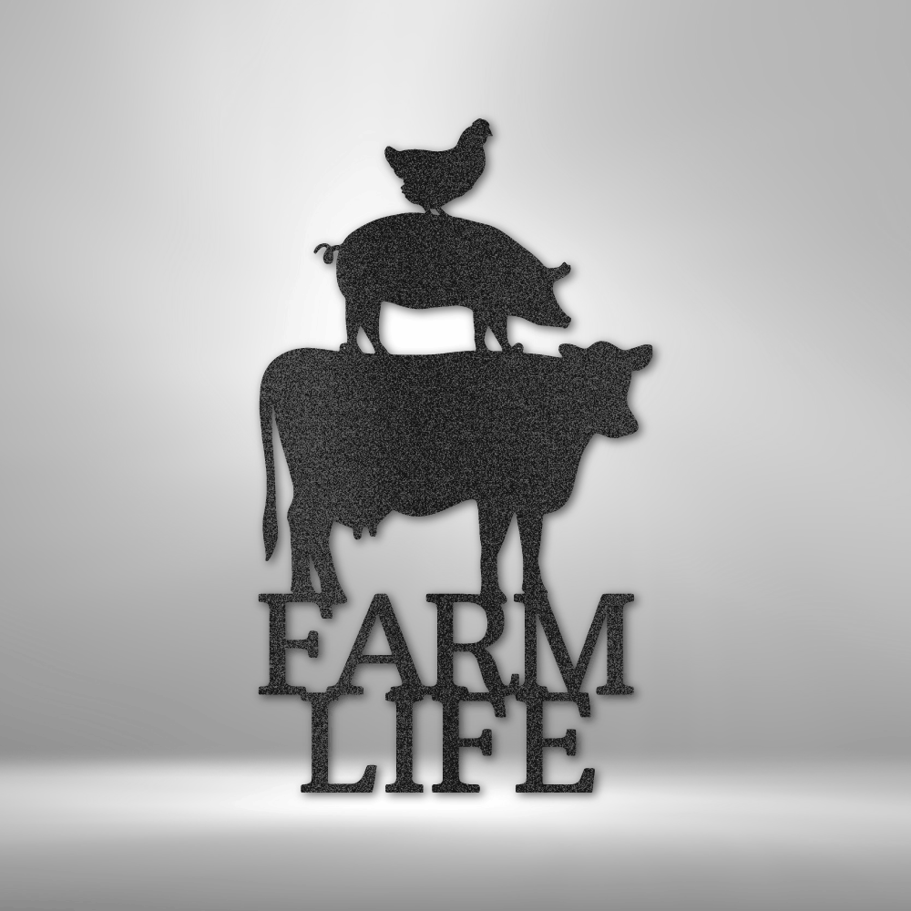 custom steel sign made in usa with cow pig chicken stack and farm life text