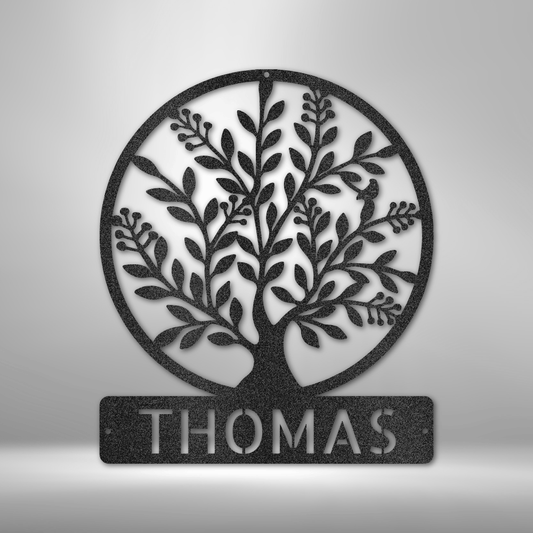 custom steel sign made in usa with tree of life silhouette and personalized nameplate