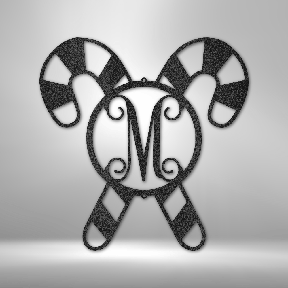 custom steel sign made in usa with crossed candy canes and customizable center monogram