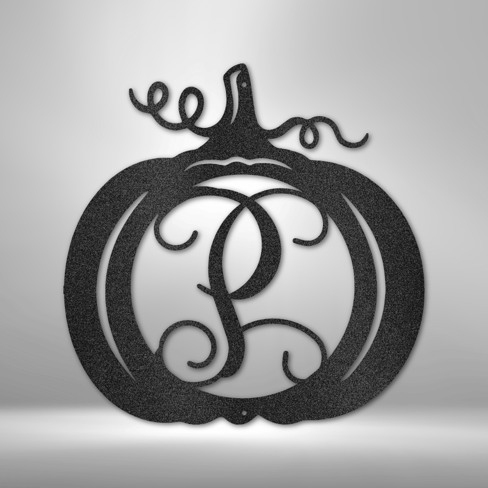 Custom steel pumpkin sign with monogram letter, personalized fall porch or Thanksgiving decor made in USA