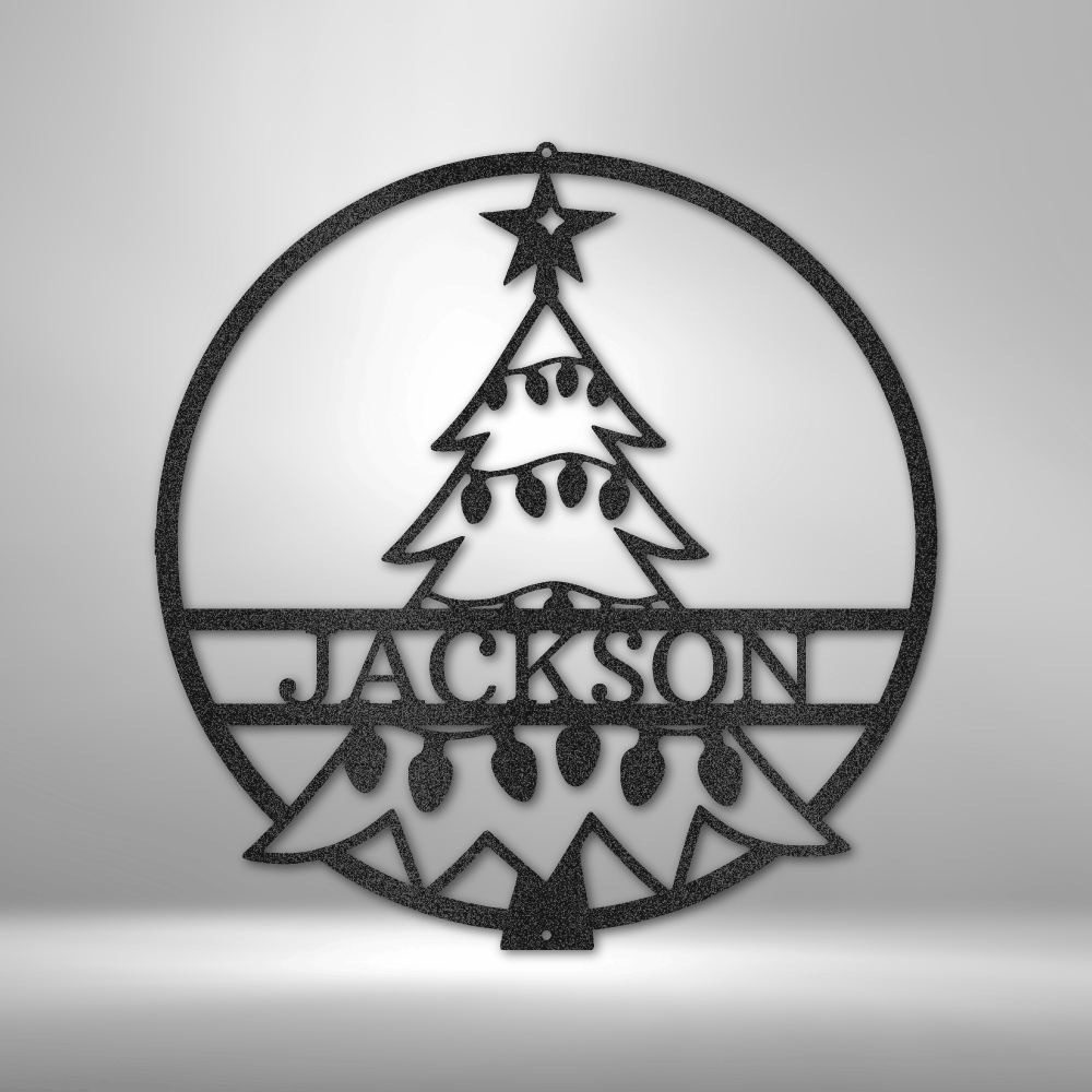 custom steel sign made in usa with christmas tree and personalized name across center