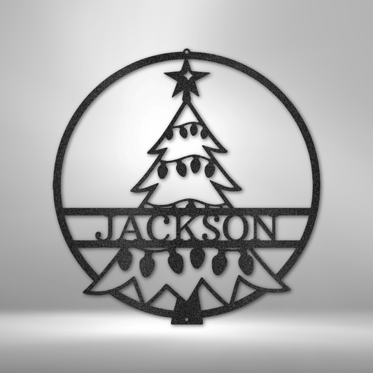 custom steel sign made in usa with christmas tree and personalized name across center