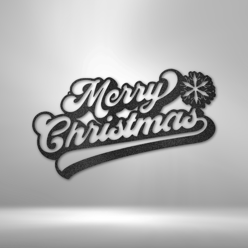 Metal wall art with Merry Christmas script and snowflake accent in festive design