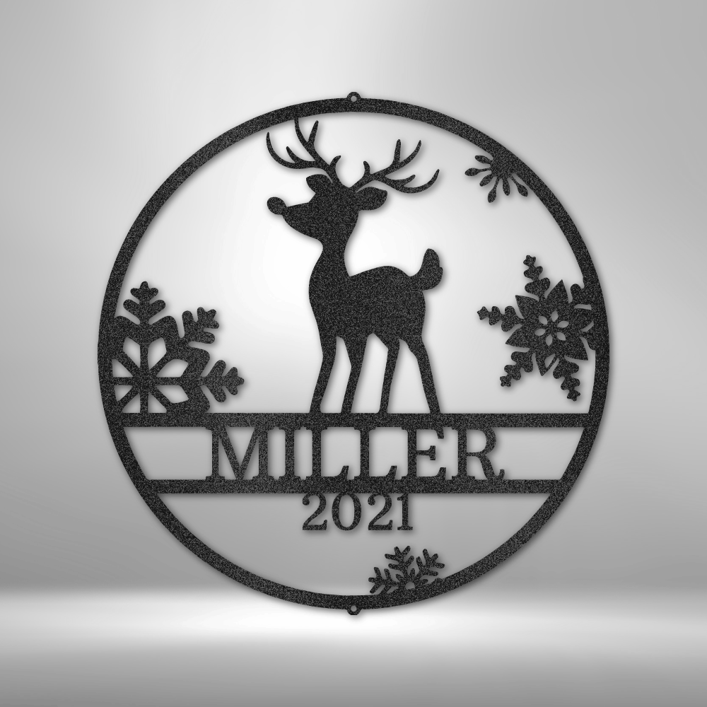 Custom Rudolph reindeer steel sign with snowflakes, family name, and personalized date, winter or Christmas wall decor made in USA