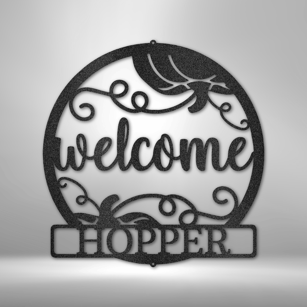 Custom steel welcome sign with decorative scrolls and personalized nameplate, front porch or entryway wall decor made in USA
