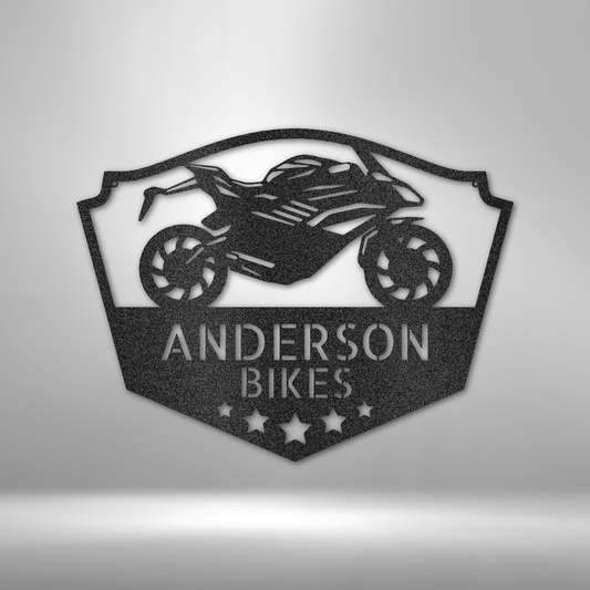 Custom steel street bike wall sign with personalized garage or shop name
