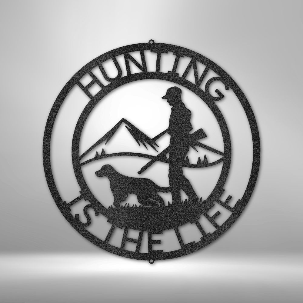 Custom steel hunter and dog silhouette sign with mountain background and personalized text