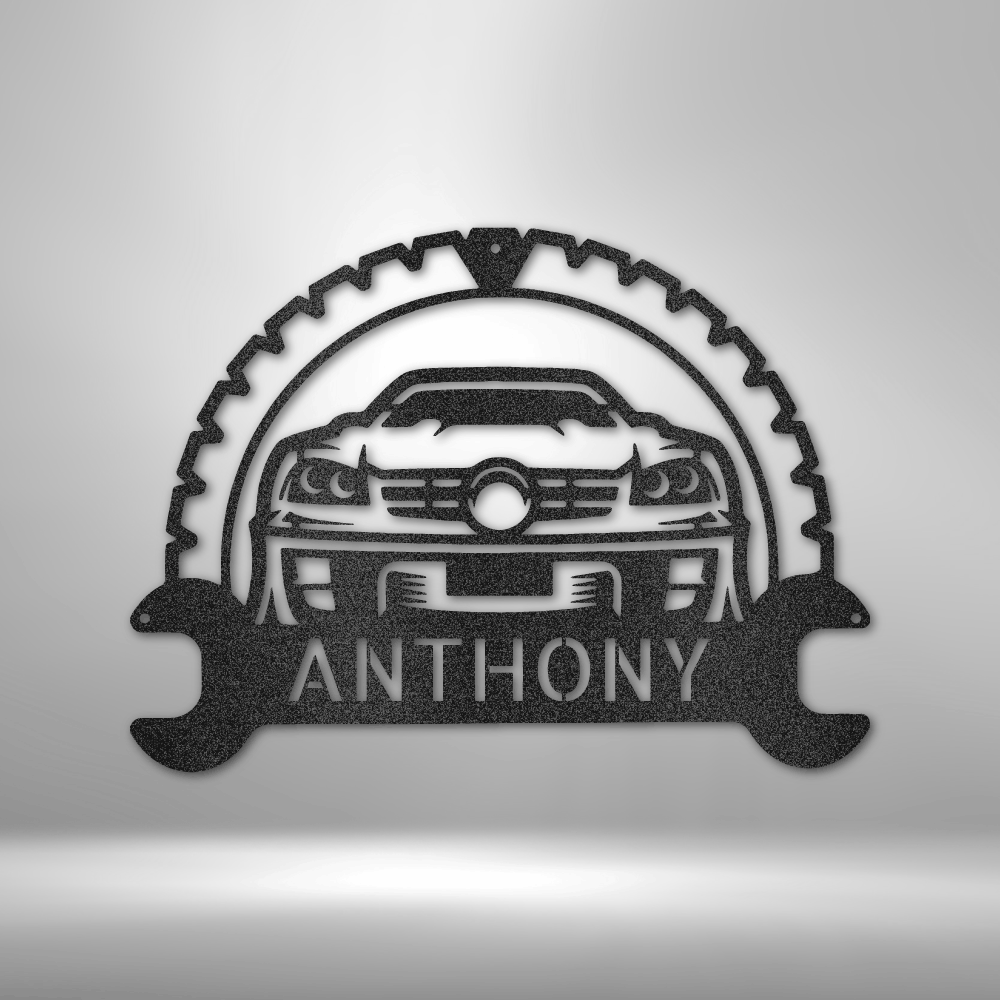 custom steel sign made in usa with garage car front wrench frame and personalized name