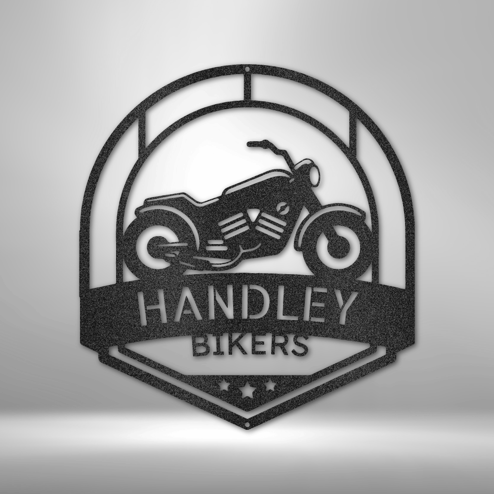 custom steel sign made in usa with motorcycle in shield and two customizable text lines